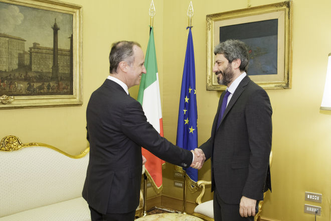 Il Presidente della Camera dei deputati Roberto Fico con l'Ambasciatore d'Italia negli Stati Uniti Armando Varricchio
