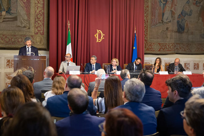 Il Presidente della Camera dei deputati Roberto Fico durante il suo intervento in occasione del convegno 'Corridoi umanitari per un'Europa solidale'