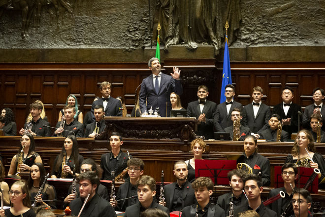 Il Presidente della Camera dei deputati Roberto Fico durante il Concerto di Natale dell'Orchestra Scarlatti Junior con la partecipazione del Coro del Conservatorio 'Santa Cecilia' di Roma