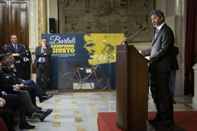Il Presidente della Camera dei deputati Roberto Fico durante il suo intervento per l'incontro 'Bartali campione Giusto' in occasione del Giorno della Memoria
