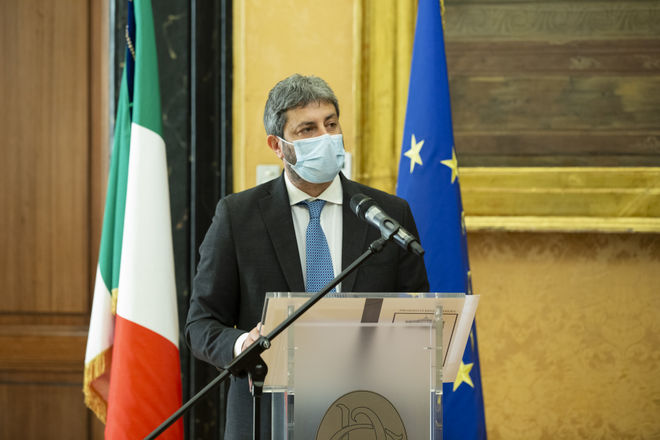 Il Presidente della Camera dei deputati Roberto Fico durante il suo intervento in occasione della presentazione della Relazione annuale INPS (Istituto Nazionale della Previdenza Sociale)