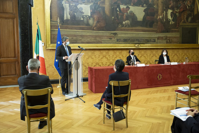 Un momento della presentazione della Relazione annuale INPS (Istituto Nazionale della Previdenza Sociale) presso la Sala Aldo Moro di Palazzo Montecitorio