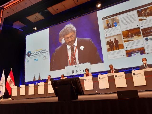 Il Presidente Roberto Fico durante il suo intervento in occasione della 5° Conferenza mondiale dei Presidenti di Parlamento promossa dall'Unione interparlamentare in collaborazione con il Parlamento austriaco