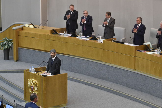 Il Presidente della Camera dei deputati Roberto Fico in un momento del suo intervento alla Duma di Stato in occasione della XVI Riunione della Grande Commissione interparlamentare Italia-Russia