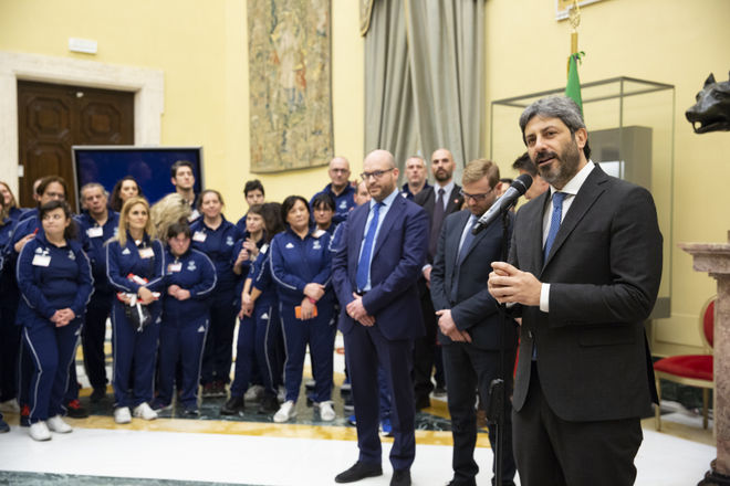 Il Presidente Roberto Fico durante il suo intervento in occasione dell'incontro con una delegazione di atleti tecnici e delegati di Special Olympics