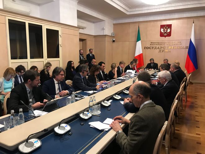 Il Presidente della Camera dei deputati Roberto Fico durante i lavori della XVI Riunione della Grande Commissione interparlamentare Italia-Russia