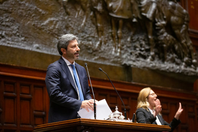 Il Presidente della Camera dei deputati Roberto Fico in un momento della rappresentazione teatrale "Processo a Pinocchio"