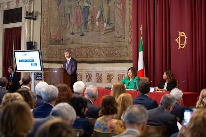 Il Presidente della Camera dei deputati Roberto Fico durante il suo intervento in occasione della presentazione della Relazione annuale dell'Autorità garante per l'infanzia e l'adolescenza