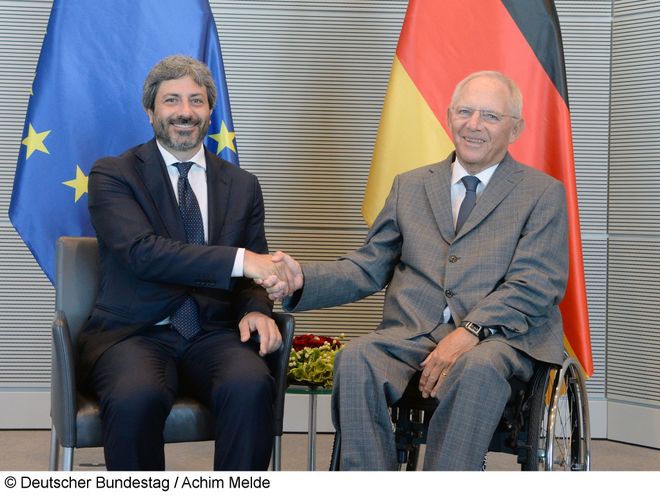 Il Presidente della Camera dei deputati Roberto Fico con il Presidente del Bundestag della Repubblica federale di Germania Wolfgang Schäuble