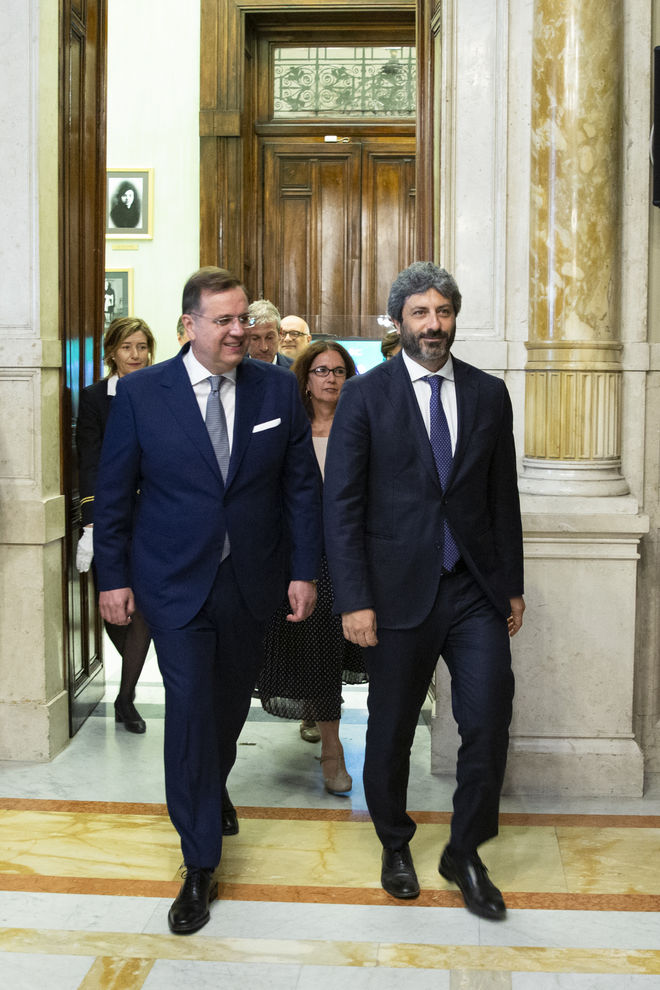 Il Presidente Roberto Fico con il Presidente dell'Autorità Garante della Concorrenza e del Mercato Roberto Rustichelli in occasione della presentazione della relazione annuale per il 2018 dell'AGCM
