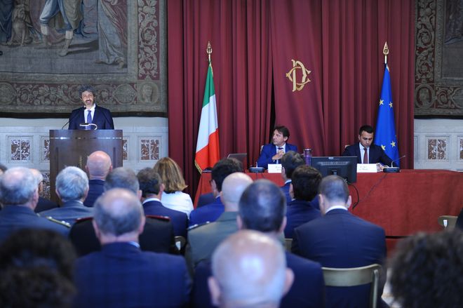 Il Presidente Roberto Fico durante il suo intervento in occasione della presentazione della Relazione annuale dell'INPS (Istituto Nazionale della Previdenza Sociale)