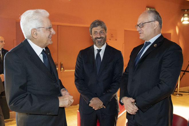 Il Presidente Roberto Fico con il Presidente della Repubblica Sergio Mattarella e il Ministro dell'Economia e delle Finanze Roberto Gualtieri in occasione della presentazione del Rapporto ASviS 2019 'L'Italia e gli Obiettivi di Sviluppo Sostenibile'