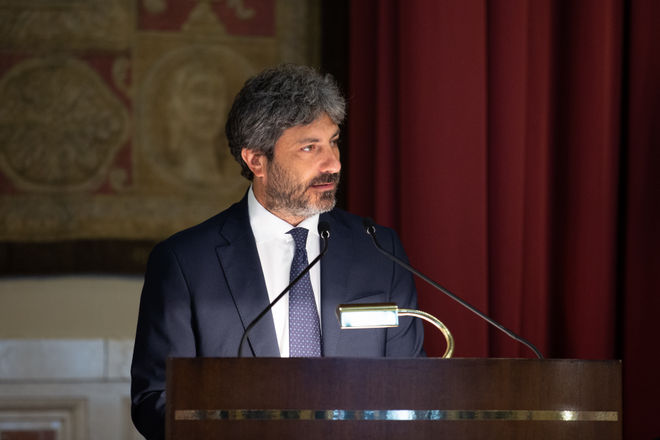Il Presidente della Camera dei deputati Roberto Fico durante il suo intervento in occasione del convegno 'Patto per la Ricerca'
