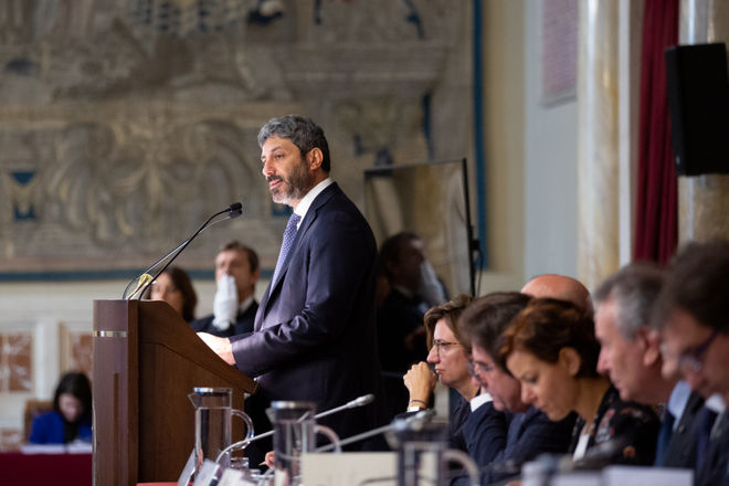 Il Presidente della Camera dei deputati Roberto Fico in un momento della presentazione del Referto in materia di informatica della Corte dei conti
