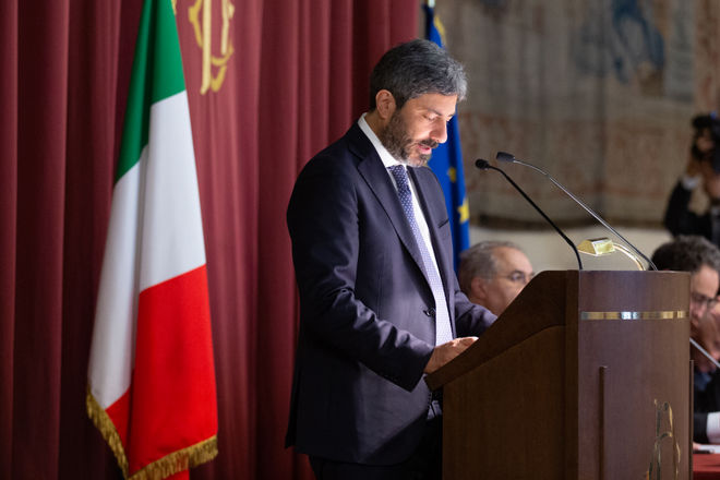 Il Presidente della Camera dei deputati Roberto Fico in un momento della presentazione della ri-edizione delle 'Opere giuridiche' di Piero Calamandrei