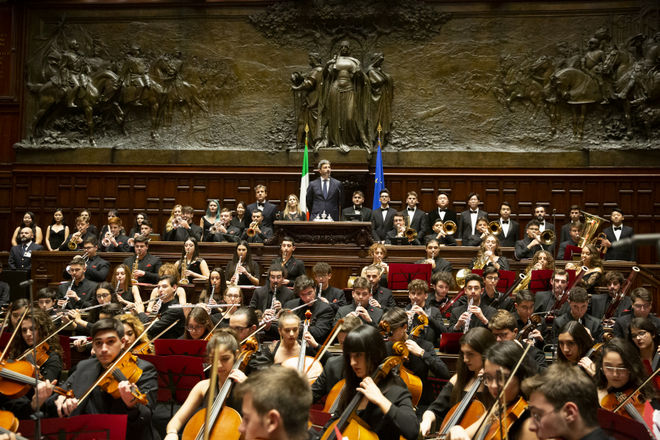 Un momento del Concerto di Natale dell'Orchestra Scarlatti Junior con la partecipazione del Coro del Conservatorio 'Santa Cecilia' di Roma