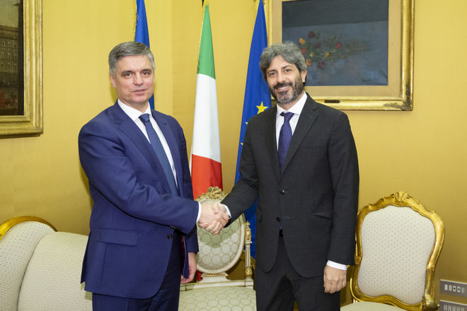Il Presidente della Camera dei deputati Roberto Fico con il Ministro degli Affari esteri ucraino Vadym Prystaiko