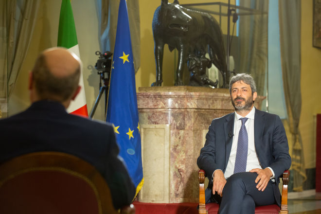 Il Presidente della Camera dei deputati Roberto Fico durante l'intervista realizzata nell'ambito dell'iniziativa '2 Giugno a Montecitorio' in occasione della Festa della Repubblica