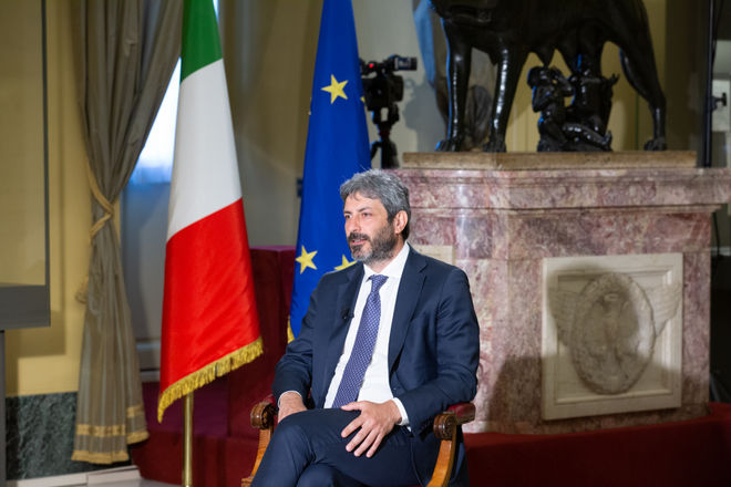 Il Presidente Roberto Fico durante l'intervista realizzata nell'ambito dell'iniziativa '2 Giugno a Montecitorio' in occasione della Festa della Repubblica