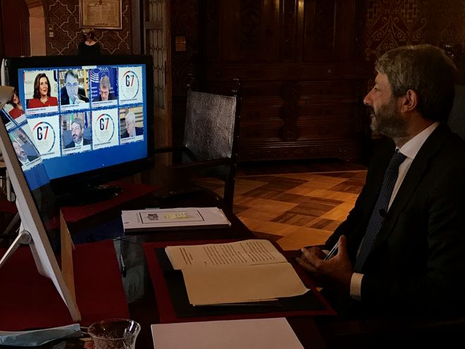 Il Presidente Roberto Fico durante la 18a Riunione dei Presidenti delle Camere Basse dei Paesi del G7