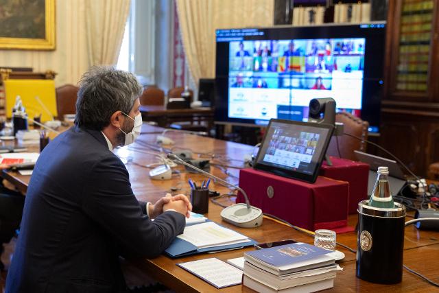 Il Presidente della Camera dei deputati, Roberto Fico, durante la Conferenza dei Presidenti dei Parlamenti dell'Unione Europea