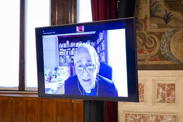 L'Arcivescovo di Bologna, Cardinale Matteo Maria Zuppi, in un momento del convegno in videoconferenza 'Il dolore e la politica' in occasione dell'anniversario della strage di Ustica