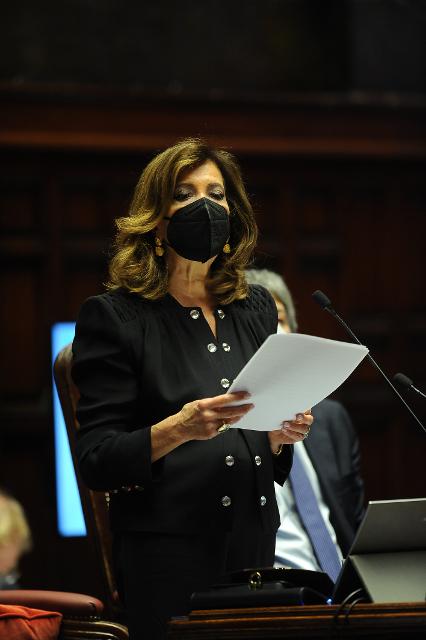 Il Presidente del Senato della Repubblica, Maria Elisabetta Alberti Casellati, durante il suo intervento in occasione della sessione conclusiva della riunione parlamentare Pre-COP26