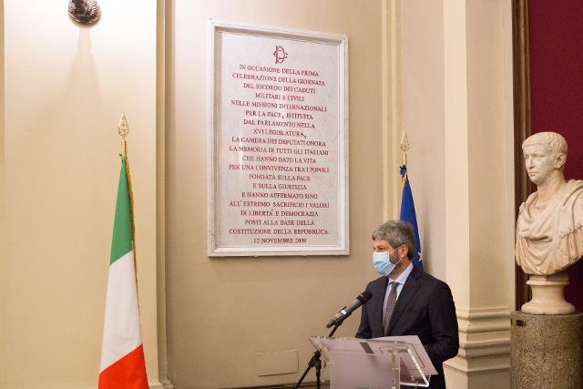 Il Presidente della Camera dei deputati, Roberto Fico, in un momento della celebrazione della Giornata del ricordo dei caduti militari e civili nelle missioni internazionali per la pace