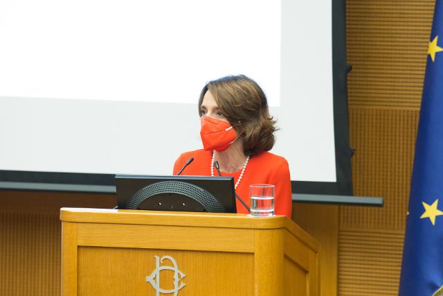 La Ministra per le Pari Opportunità e la Famiglia, Elena Bonetti, in un momento del convegno "La Convenzione di Istanbul dieci anni dopo" in occasione della Giornata internazionale per l'eliminazione della violenza contro le donne.
